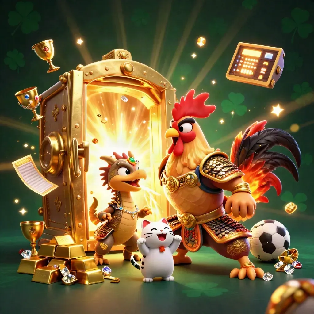 Rooster warrior, dragon hatchling, and fortune-cat amid gold vault loot and sports betting props.