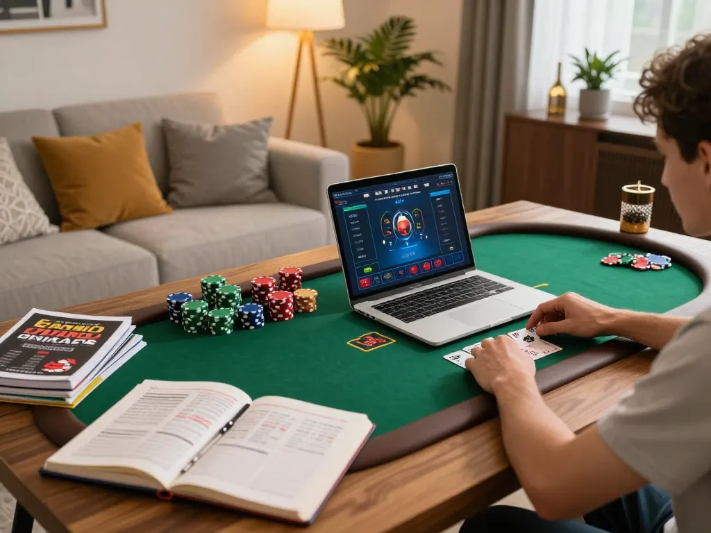 Player engaging in an online poker game at vin88org.com with strategic guides, stylish home setting.