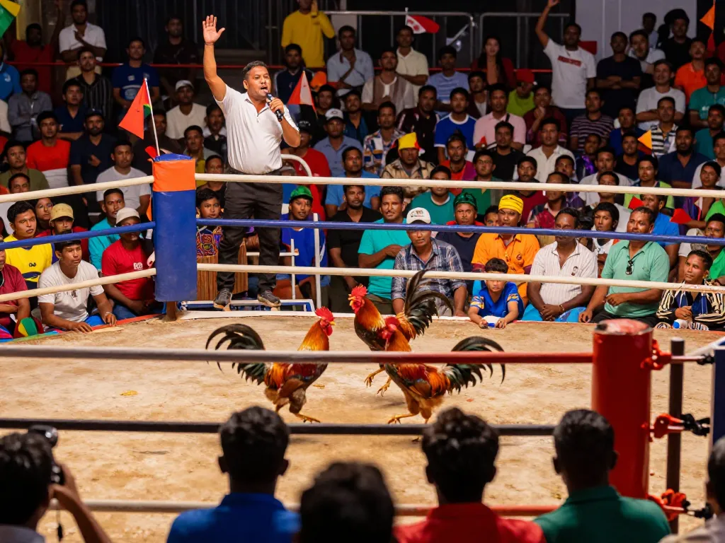 Watch Đá gà trực tiếp as fierce roosters contend in an electrifying live arena surrounded by cheering fans.