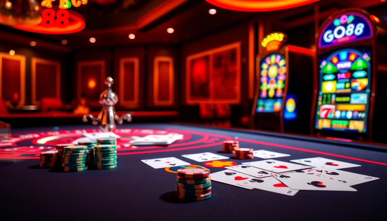Players enjoying thrilling casino games at GO88, featuring vibrant tables and slot machines.