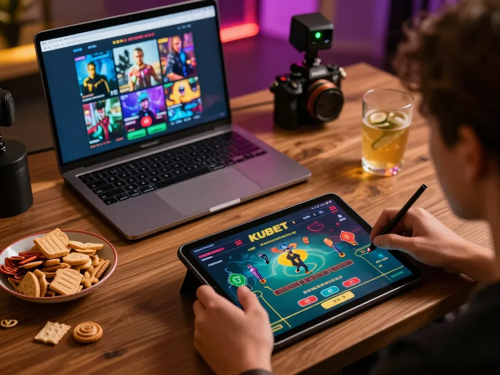 KUBET player enjoying live dealer game on tablet in cozy home setup with snacks.