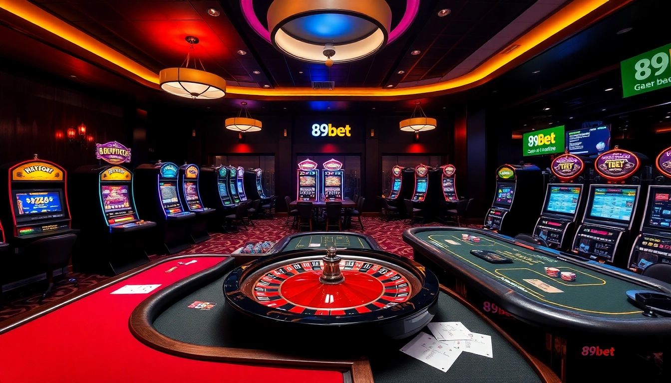Experience the excitement of 89Bet at a luxurious casino with vibrant gaming tables and modern slots.