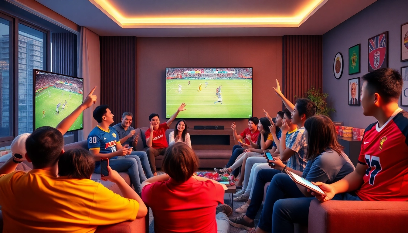 Loyal fans enjoying a football match on Luongsontv, showcasing vivid team colors and a lively atmosphere.