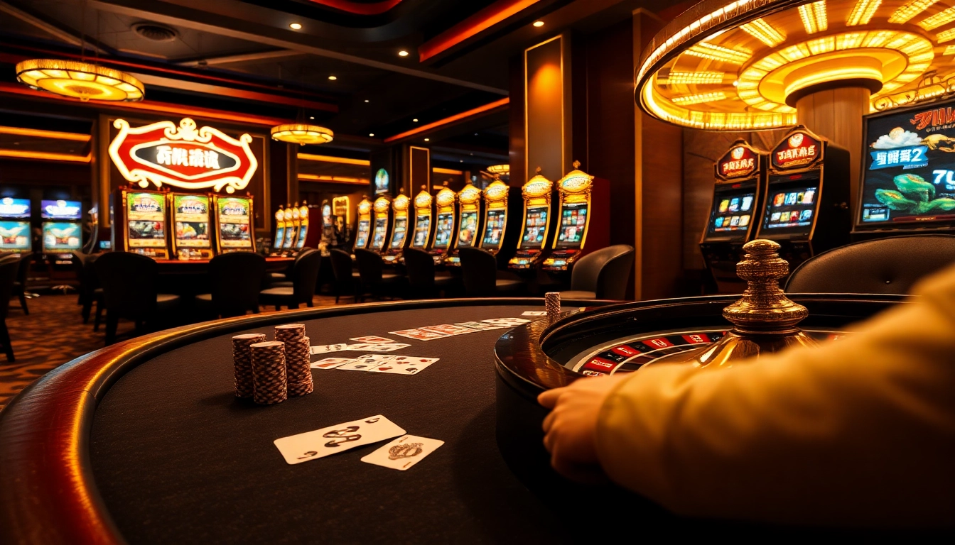 Engaging casino scene with 7m cn integrated into poker tables and slot machines showcasing thrill.