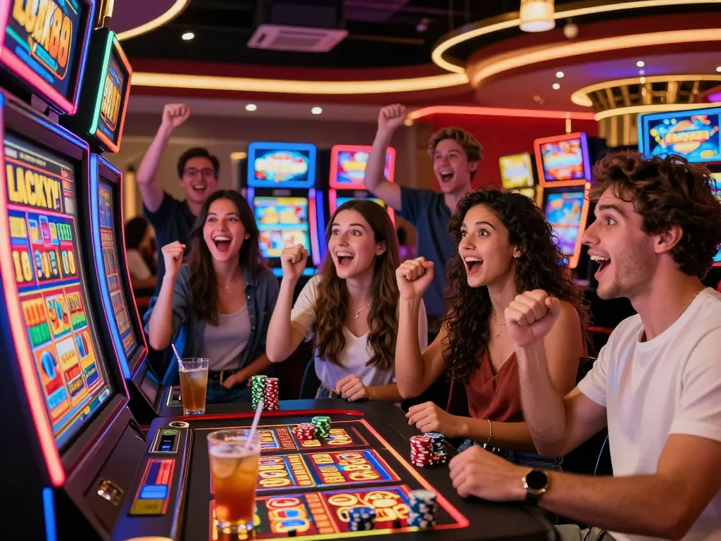 Friends celebrating a big win at the Lucky 88 slot machine in a vibrant casino setting.