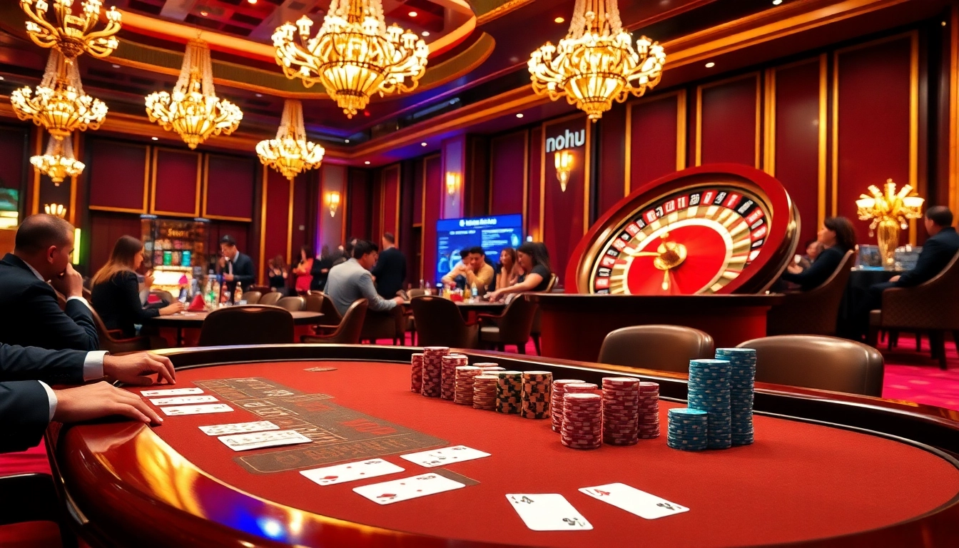 Nohu-themed luxury casino scene featuring a high-stakes poker table with intense players and colorful chips.