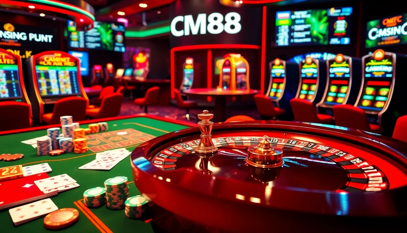 Experience excitement at CM88 with vibrant casino tables, roulette, and online gaming interface.