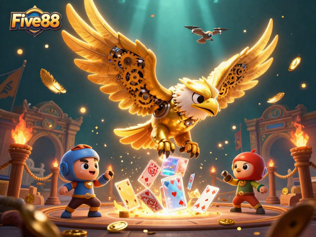 Engage in thrilling gameplay with Five88 as a golden eagle dives through holographic cards in a vibrant casino scene.