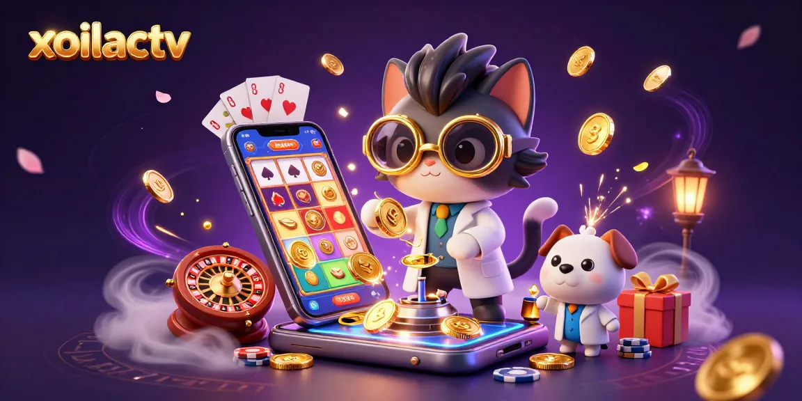 Xoilactv showcases a mad scientist cat and assistant dog amidst vibrant casino elements and golden coins.