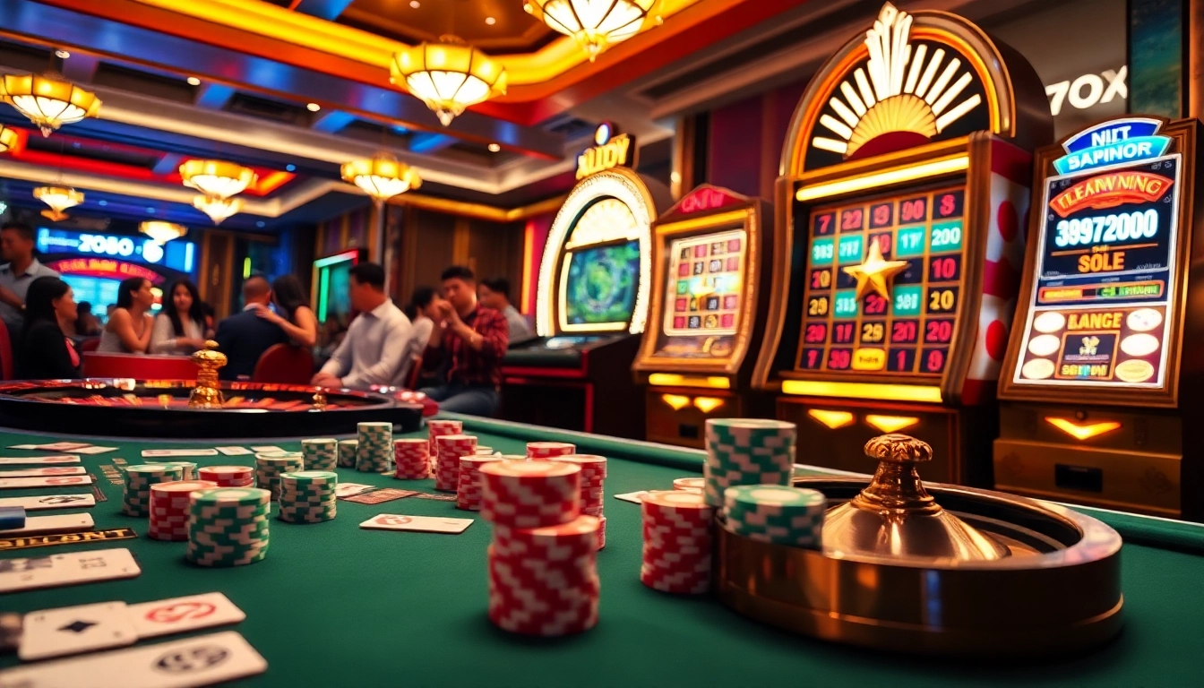 Exciting casino action at xo88 with vibrant slots, cards, and poker chips.