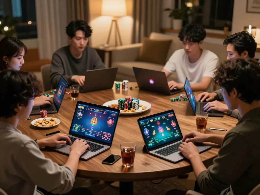 Engage in ALO8 poker gameplay from a cozy home setting with friends, showcasing interaction and excitement.