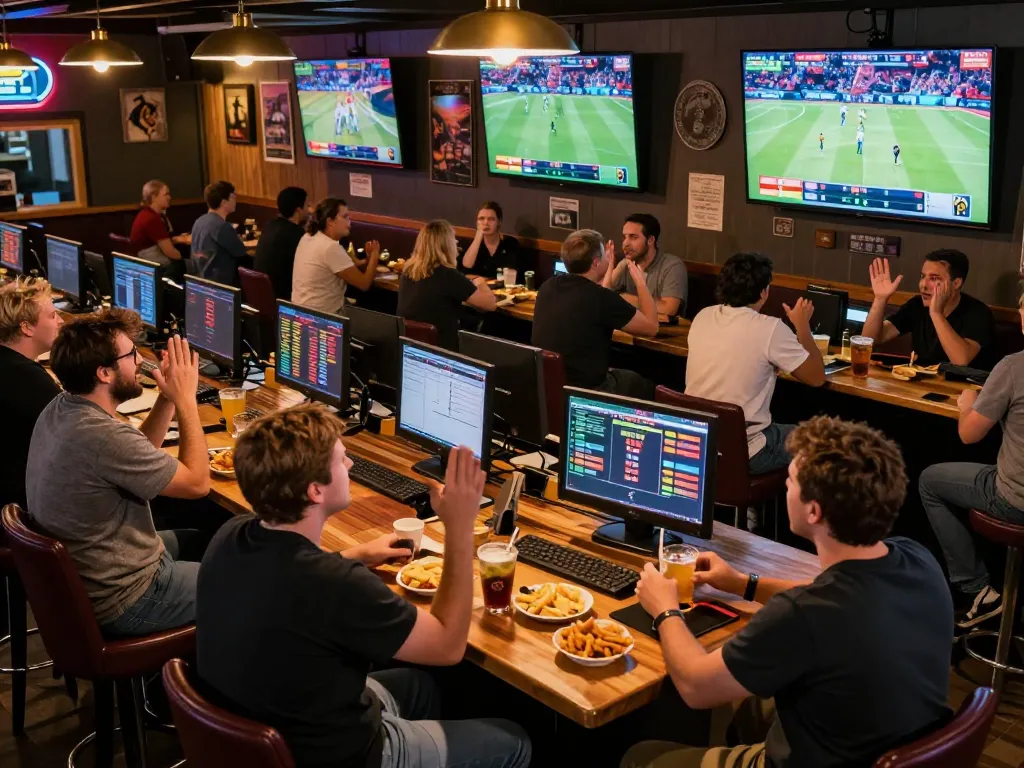Fans celebrating a winning bet on red88 sports at a lively sports bar.