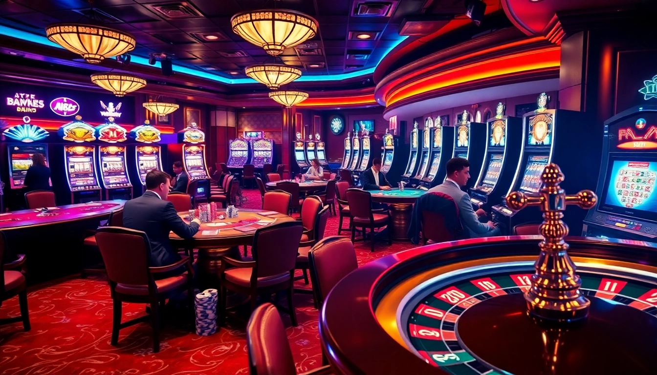 Players enjoying their bets at RC88 casino tables filled with excitement and colorful slot machines.