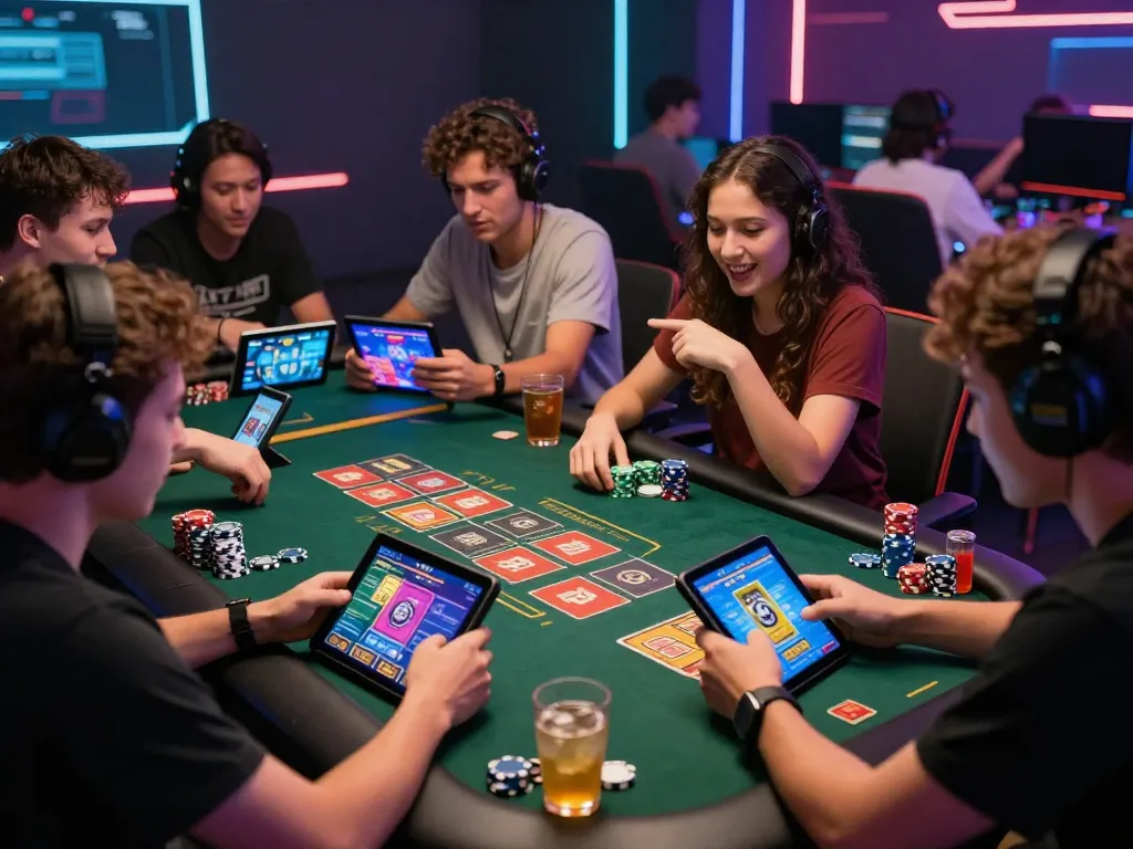 Young adults enjoying rikvip card games on tablets in vibrant gaming lounge