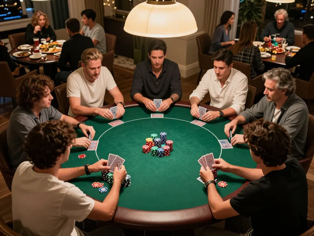 Bong88 poker night with friends, exciting game atmosphere and vibrant chips at a round table.