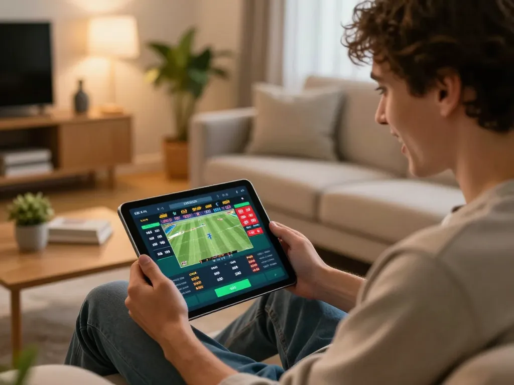 Engaged user placing bets on sports at https://tr88bet.com/ from a modern living room, emphasizing interactive gameplay.