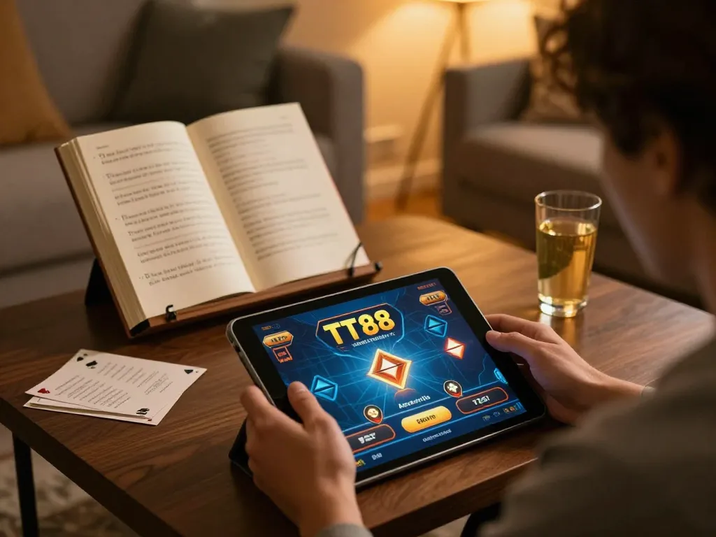 Person engaging in TT88 online gaming on a tablet in a cozy setting, highlighting responsible gambling.