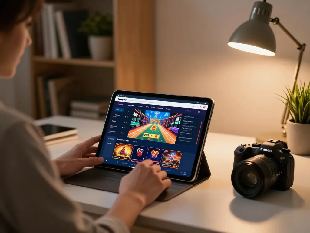 Engaging with iwinpro casino app on a tablet in a cozy home setting showcasing responsible gambling.