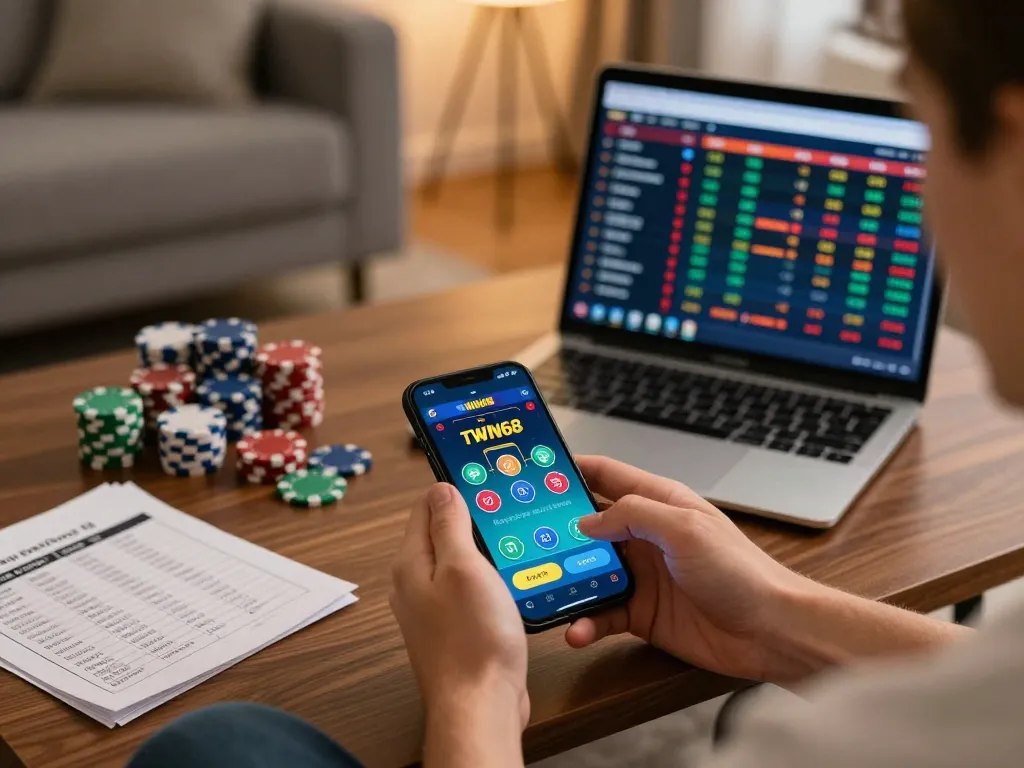 TWIN68 user engaging with mobile casino app during home poker game, placing bets effectively.