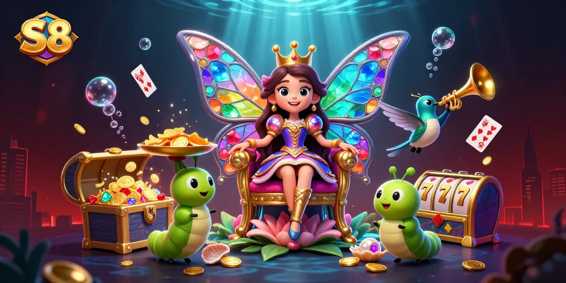 S8 casino slot illustration featuring a butterfly queen and vibrant elements in a rich gaming scene.