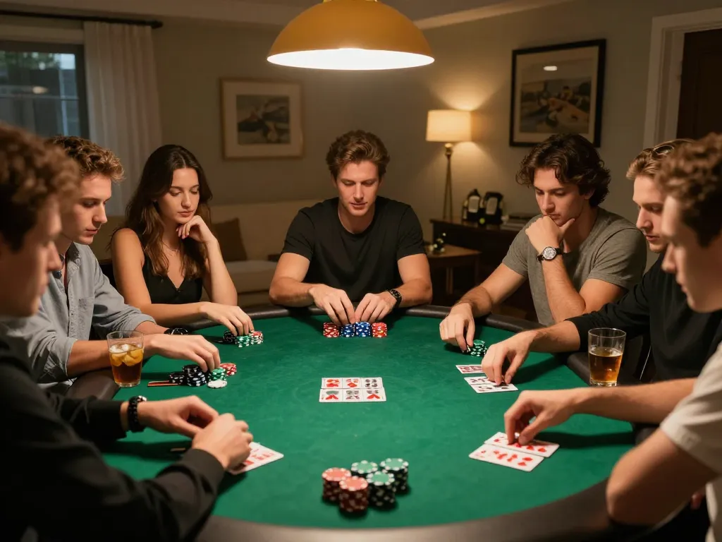 Engaging poker strategy session featuring TT88 in a cozy home game night atmosphere.