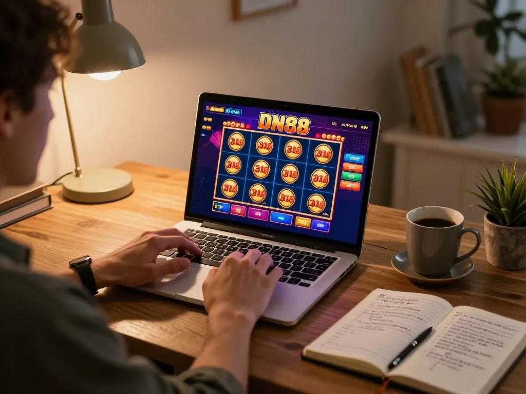 Player engaging with DN88 in a cozy home office, highlighting online casino excitement and strategy.