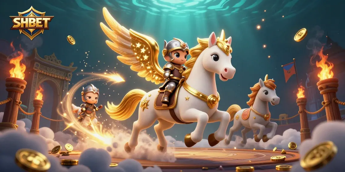 Experience thrilling gameplay at SHBET with a 3D illustration of a mystical knight and celestial horse.