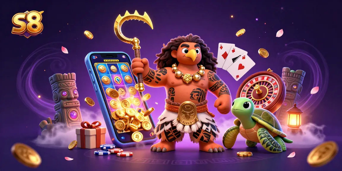 S8 showcases a vibrant gambling scene with a demigod hawk and a turtle, surrounded by slot game elements.
