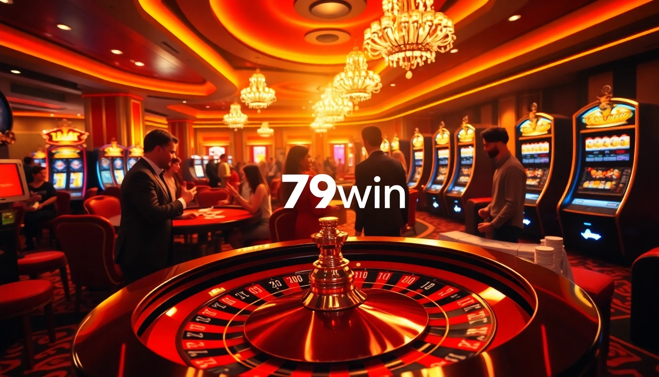 Engaging players at the casino with 79win branding, showing excitement and high-stakes action.