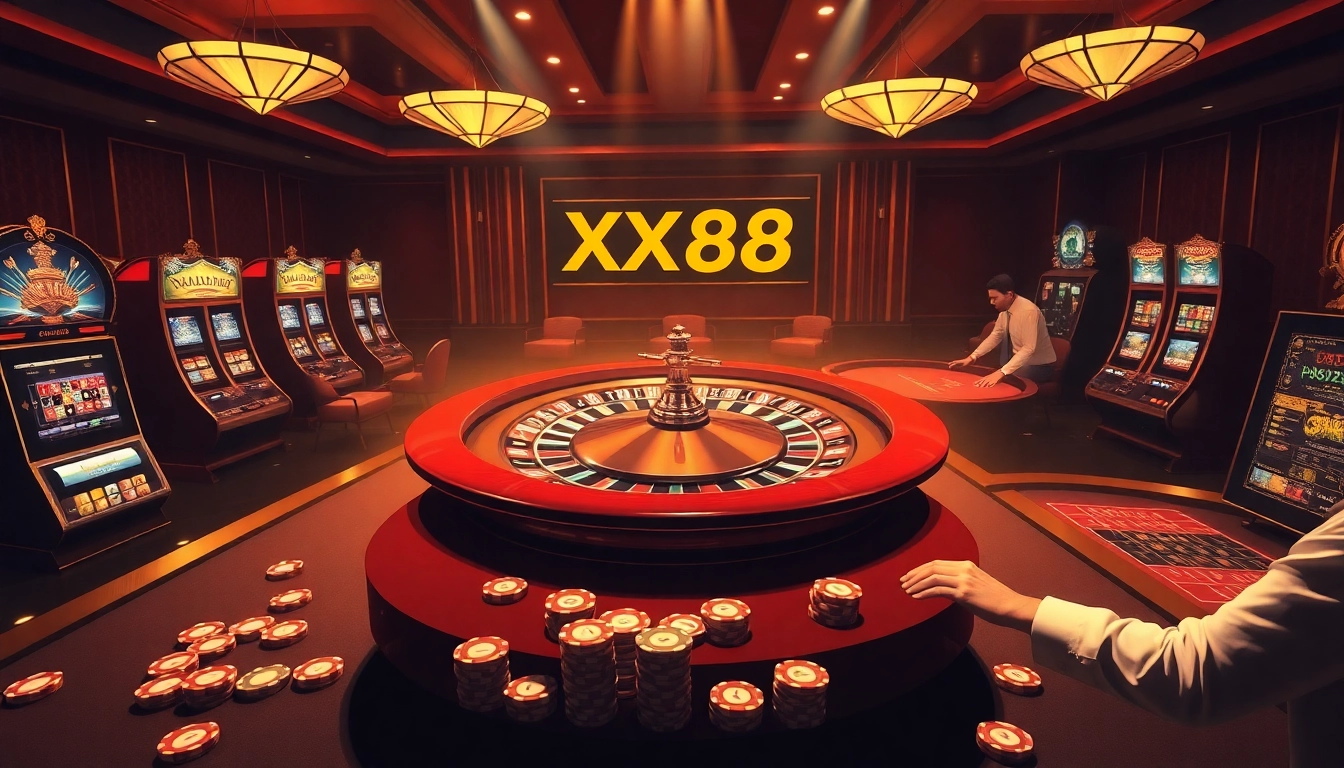 Experience thrilling gambling at XX88 with elegant casino tables and vibrant slot machines.