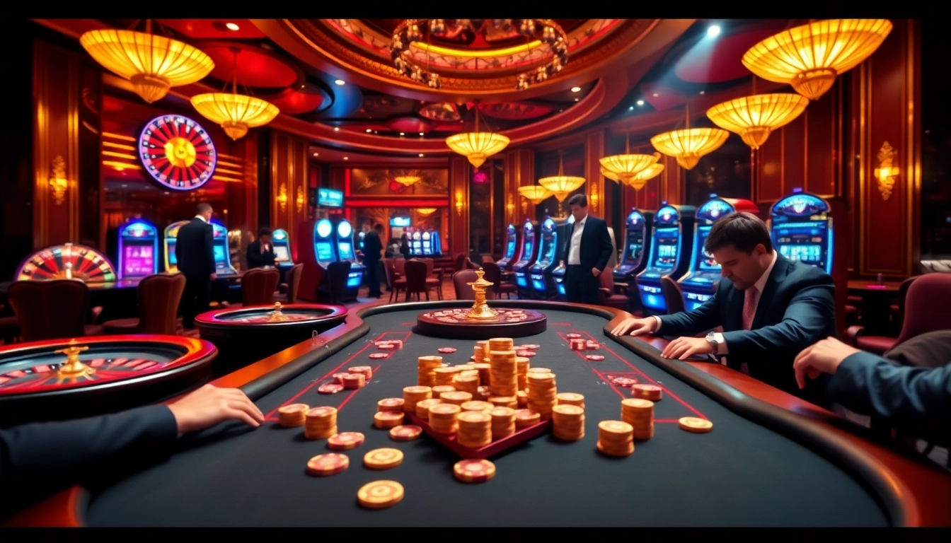 Engage in thrilling gameplay at a go8 styled casino with luxurious poker tables and vibrant slot machines.