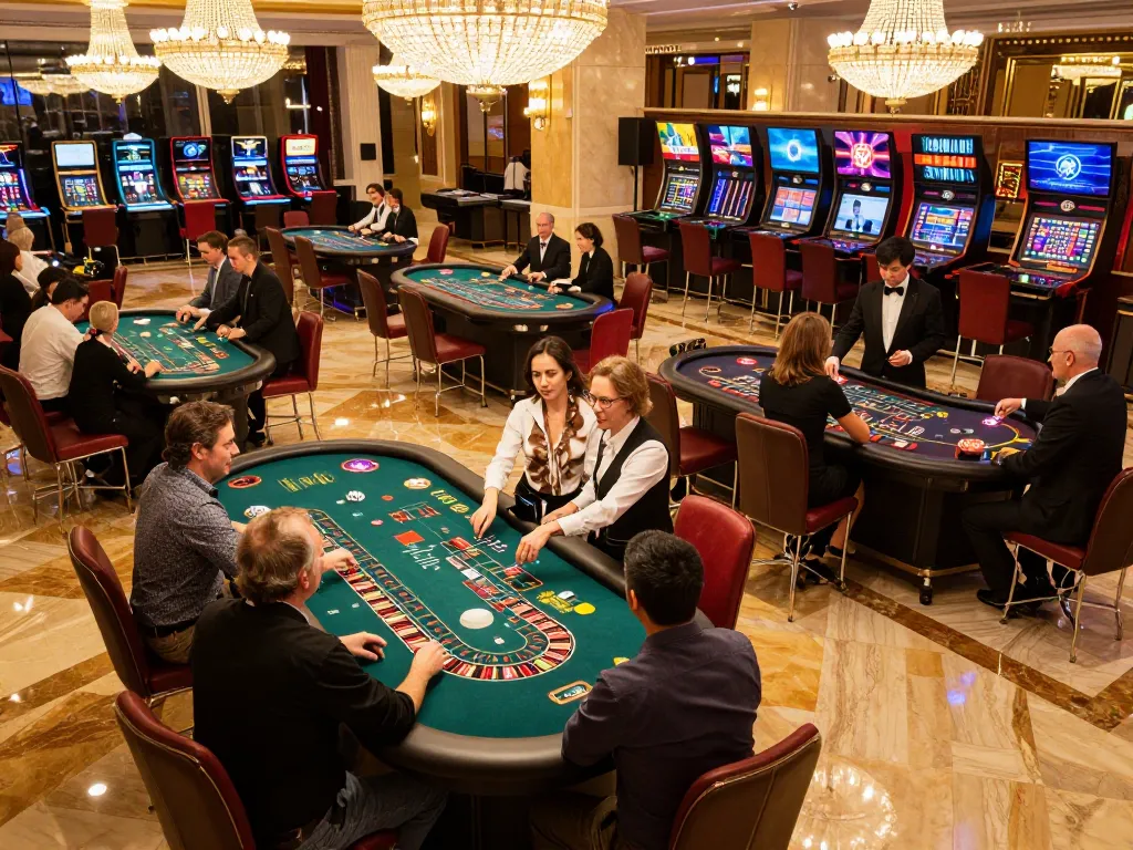 Bet88 players engaged in thrilling casino games under glamorous chandeliers