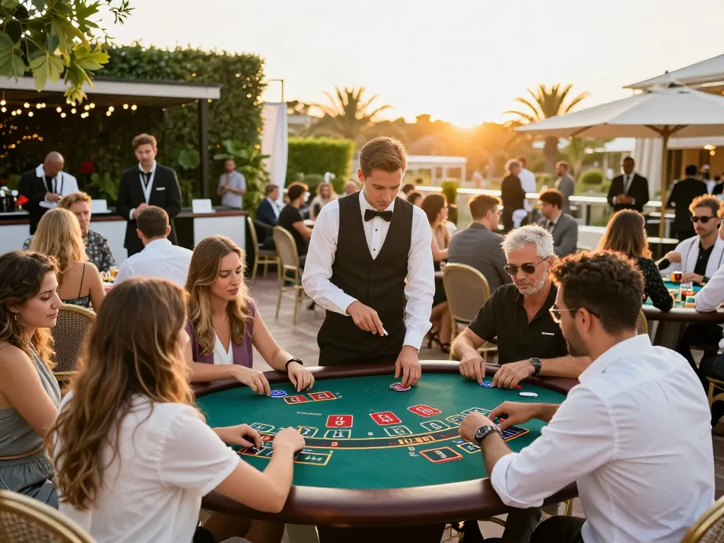 Players engaging in baccarat at TR88it outdoor event under festive lights