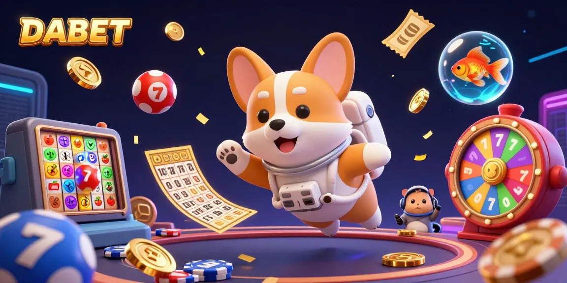 DABET offers a vibrant casino experience with a floating astronaut corgi, colorful lottery balls, and dynamic slot elements.