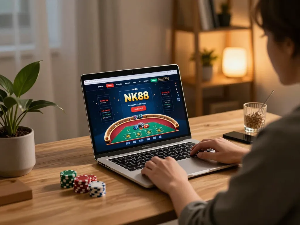 Navigating the NK88 casino interface for strategic online betting in a modern home office
