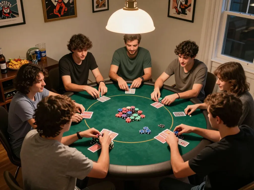Các người chơi hăng say thưởng thức một đêm chơi poker sôi động với các chip 12bet tại nhà.