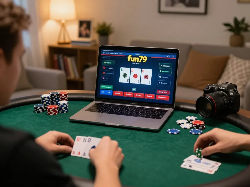 Engaged player strategizing at fun79 online poker table with chips and laptop screen