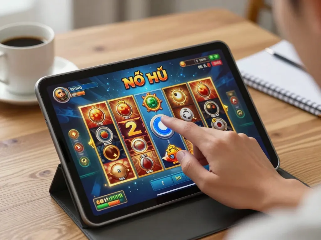 Game nổ hũ action on tablet screen with engaging graphics and a player ready to spin.