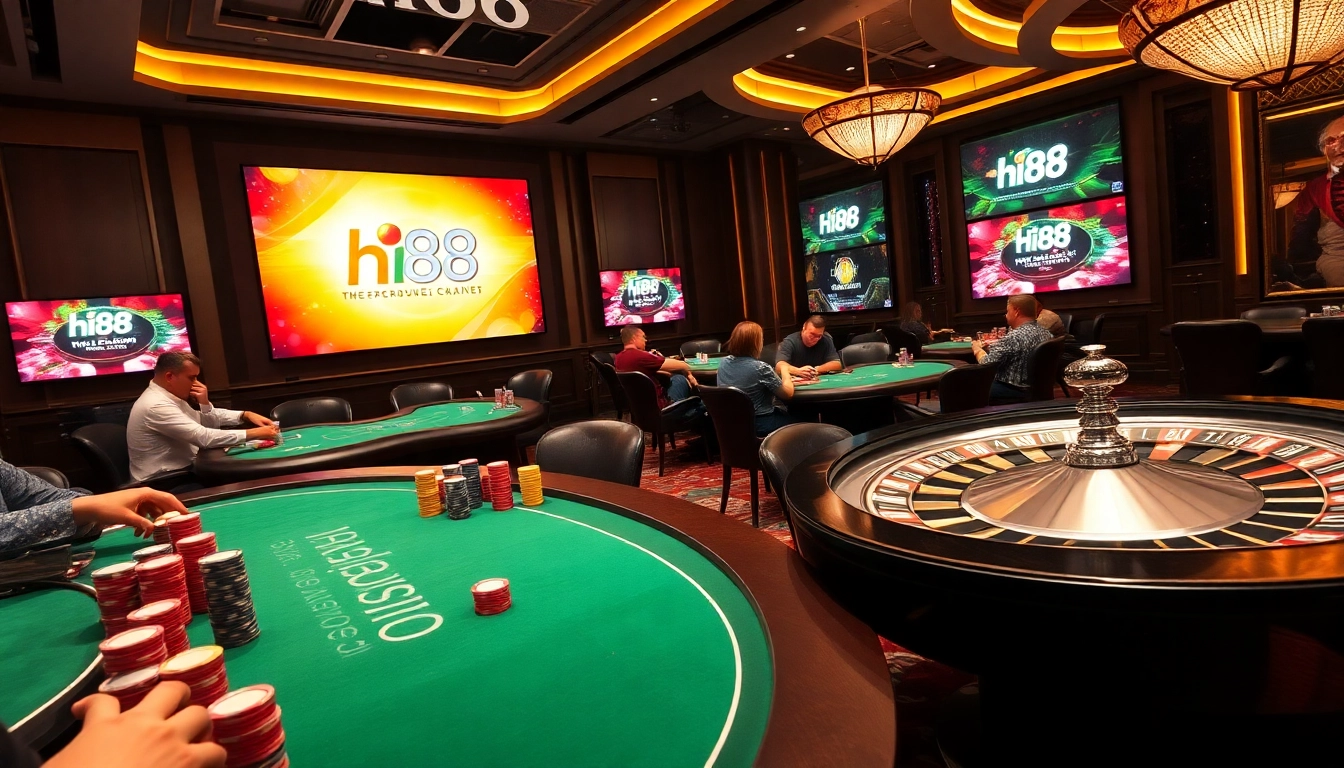 Players enjoying an intense game at Hi88 casino tables in a vibrant, luxurious environment.