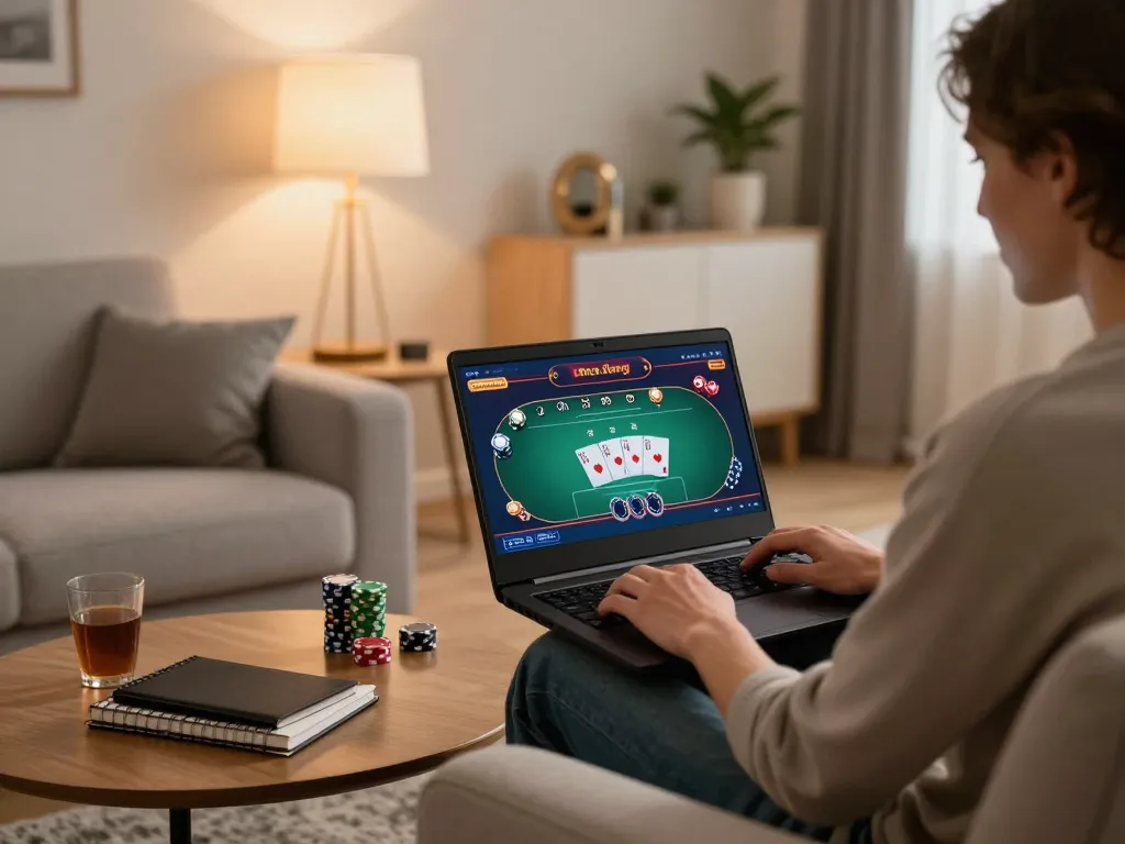 Engaged player at home using https://rr88.select/ for an online poker game.