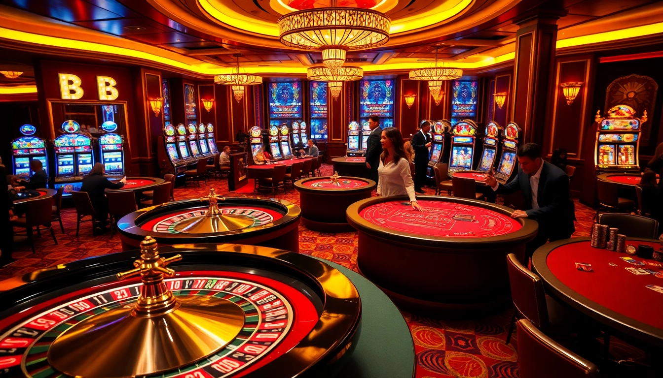 B52CLUB players enjoy thrilling casino games surrounded by vibrant slot machines and roulette tables.
