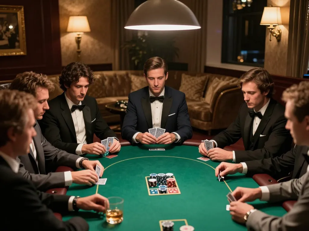 Players engage in an intense poker game at an exclusive VIPWIN table, showcasing strategy and luxury.