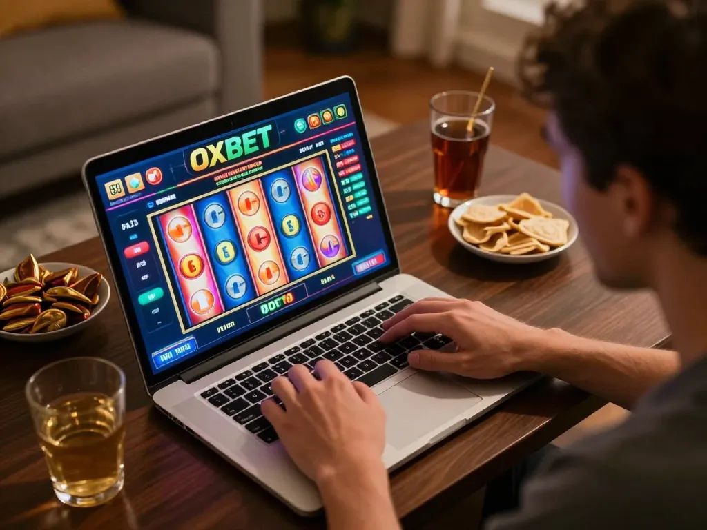 Player engaging with OXBET online slots while enjoying a cozy home gaming setup