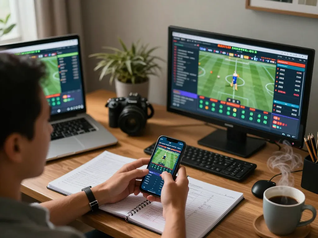 Engaged bettor using mobile app for sports betting at https://789win2.us.com/, showcasing live odds in a stylish home setting.