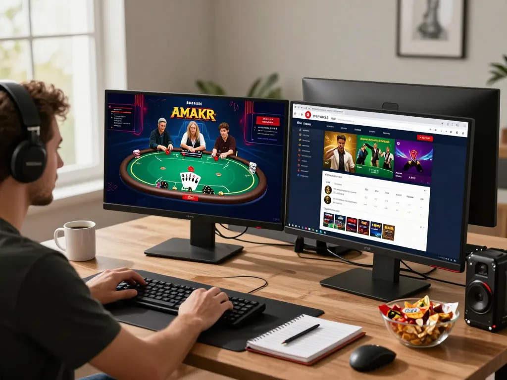 Engaged gamer strategizing poker on go99com at home office with multiple screens.