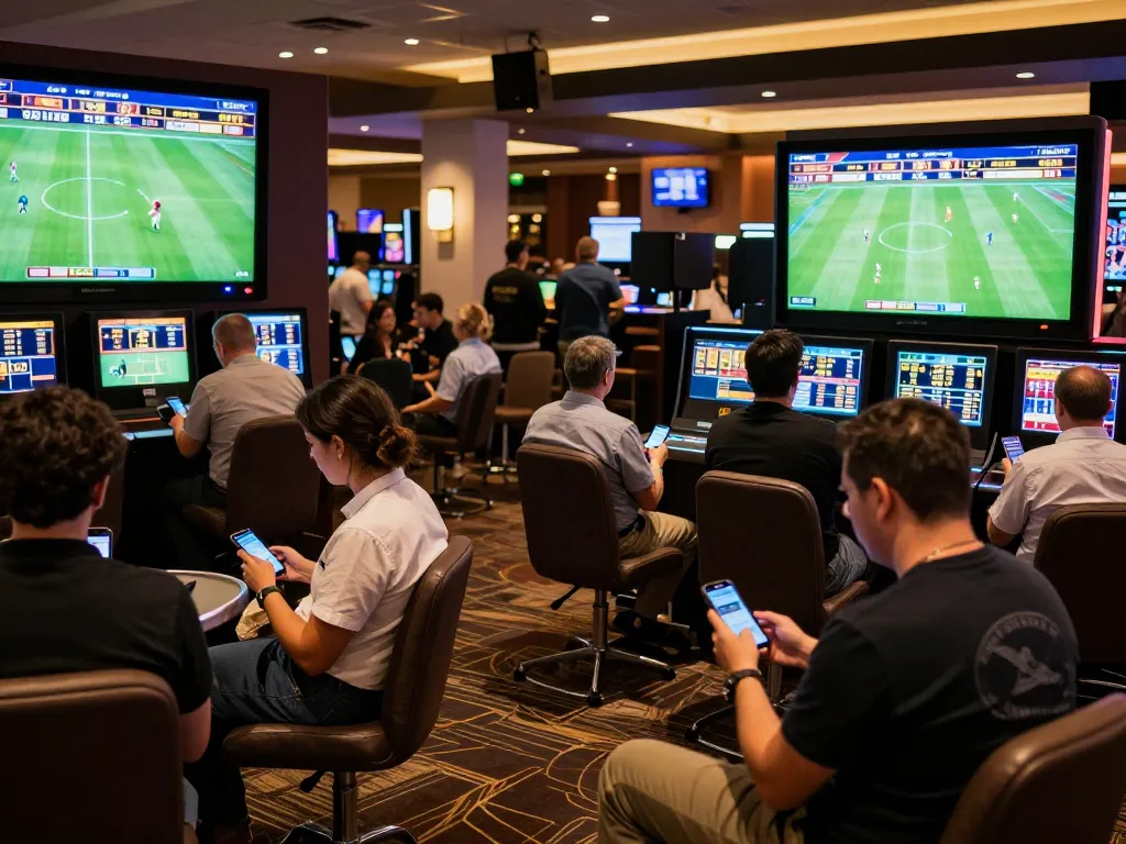 Kèo Nhà Cái sports betting area brimming with energy as bettors engage with live matches.