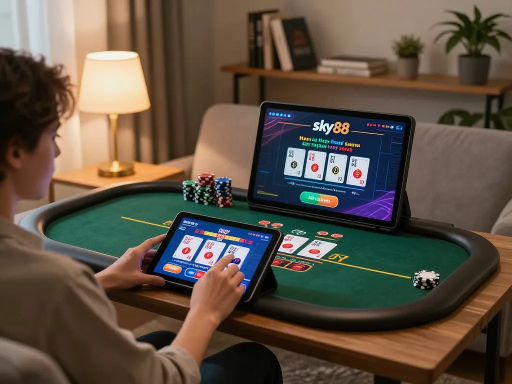Experience immersive gameplay on sky88 with a player enjoying blackjack on a tablet in a cozy setting.