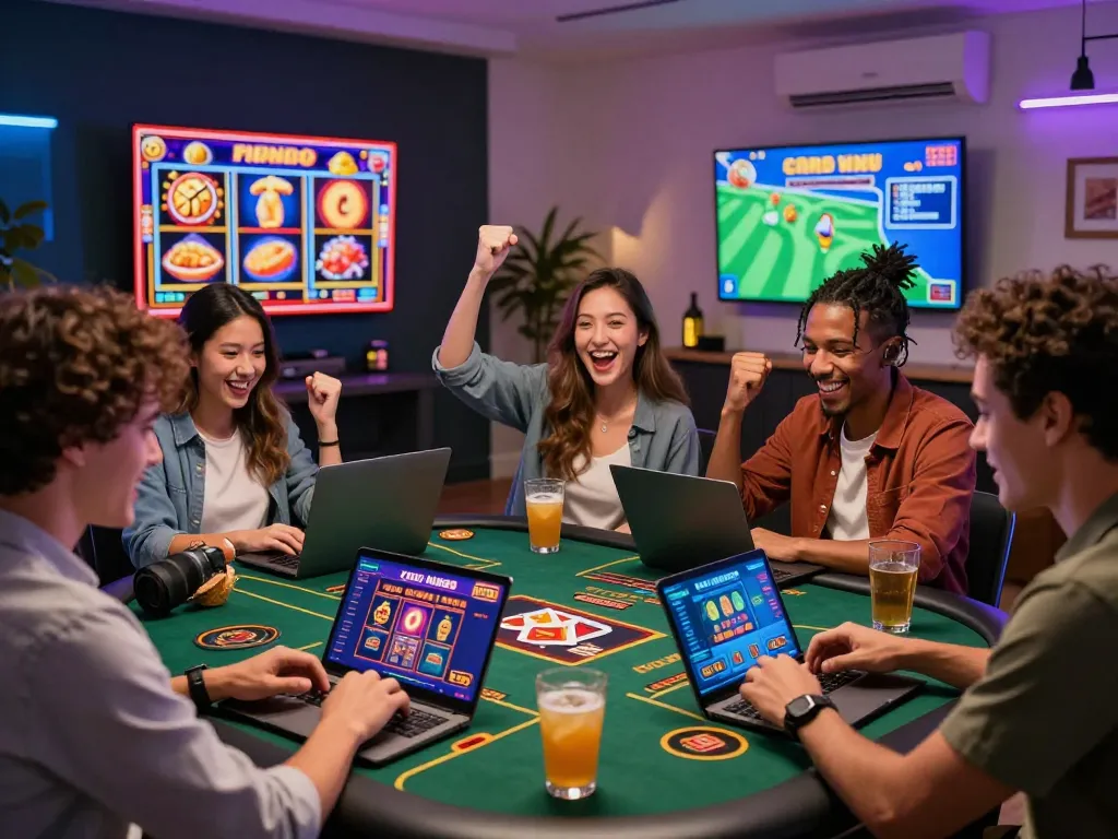 Group of friends enjoying online gaming with VN88 in a modern setting, celebrating wins at a vibrant gaming table.