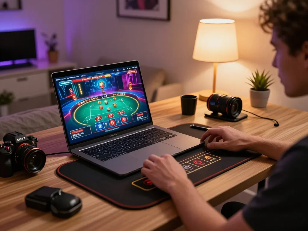 Engaging online gameplay with link 33win displayed on laptop in a cozy home setup.