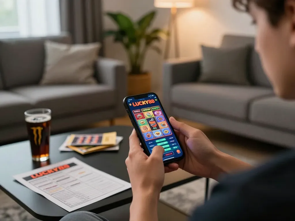 LUCKY88 gaming on smartphone with vibrant slots interface in cozy living room.